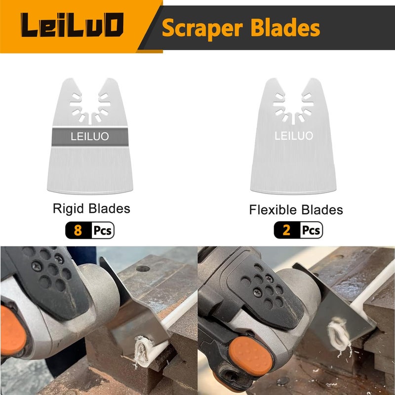 LEILUO Oscillating Tool Scraper Blade Set 10 PCS – 8 Rigid & 2 Ultra Flexible Blades for Removing Paint Caulk Adhesive Compatible with DeWalt Makita Milwaukee Dremel and More - Image 3